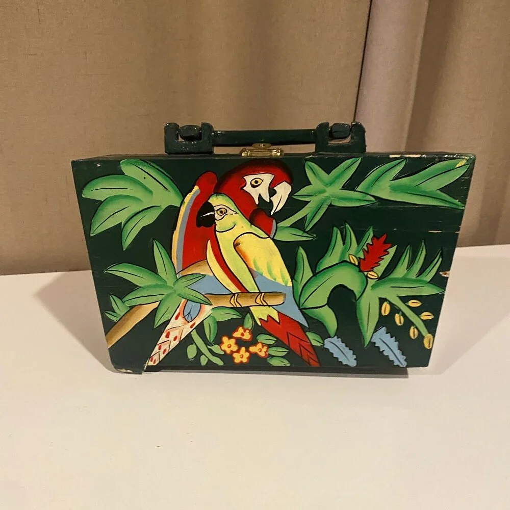 Vintage Hand Painted Wooden Clutch Purse‎ Tropical Parrots 9x5